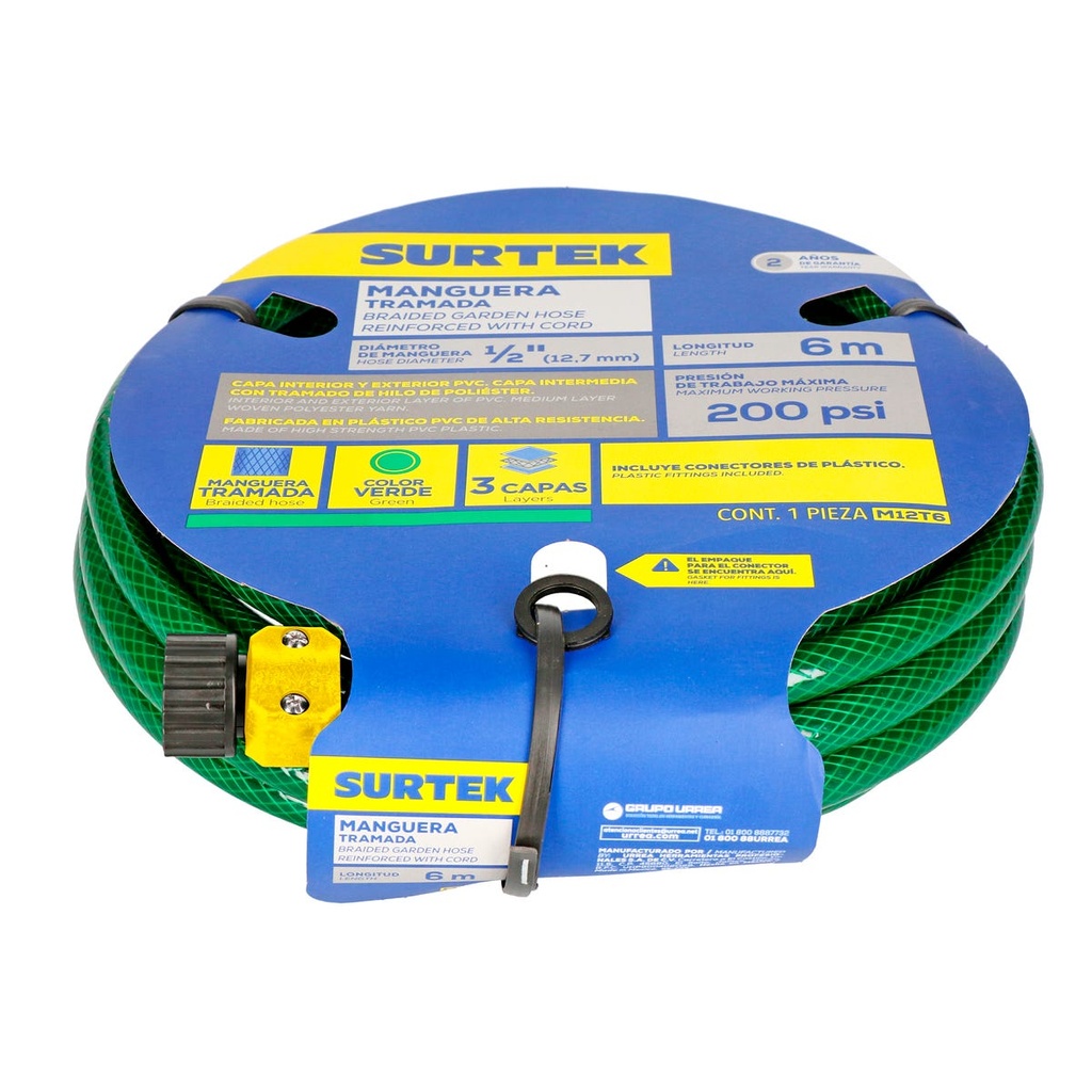 Manguera para jardín tramada verde con conector plástico 1/2", 6 m Surtek