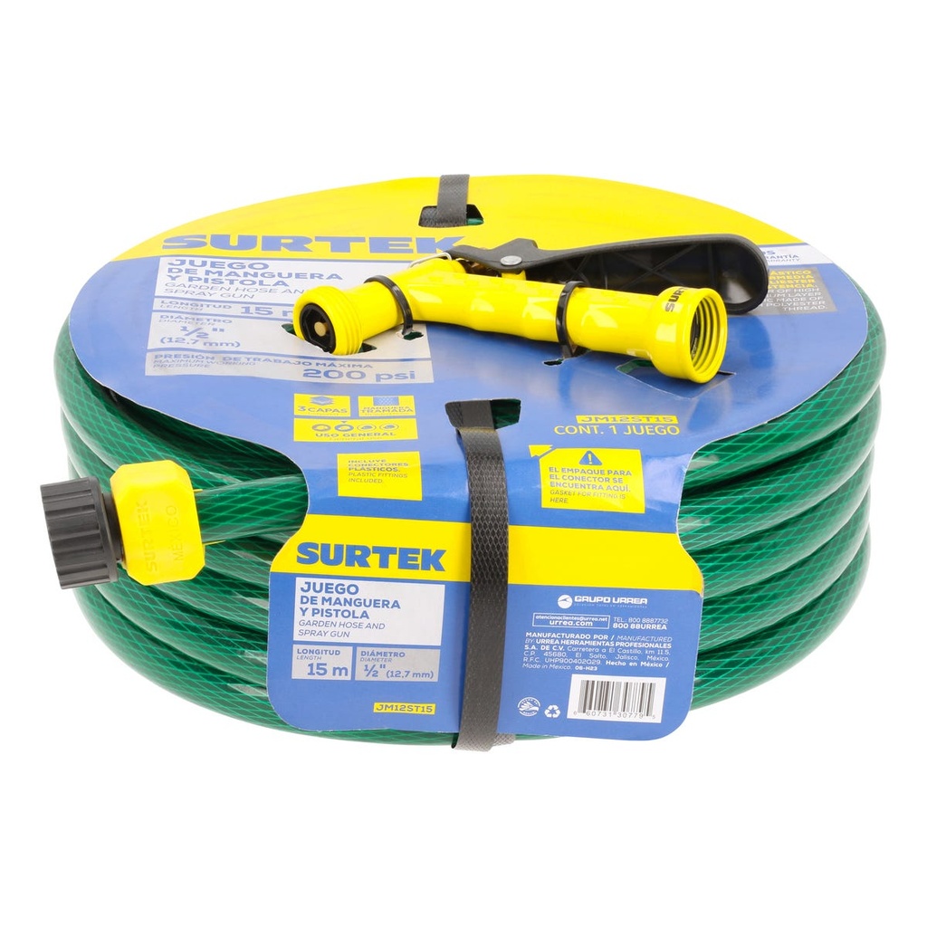 Manguera para jardín tramada verde con pistola para riego 1/2", 15 m Surtek