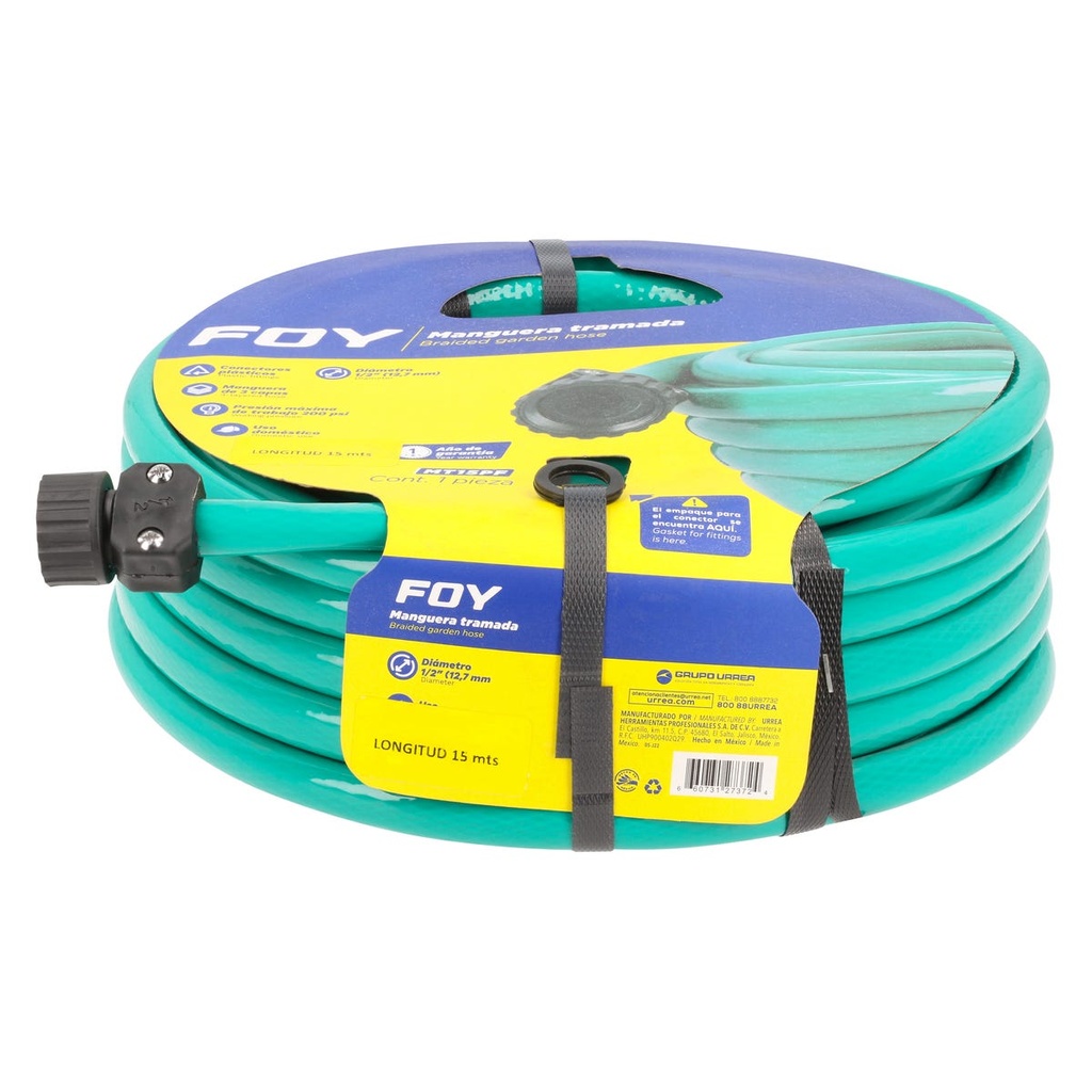 Manguera para jardín tramada con conector plástico 1/2", 15 m Foy