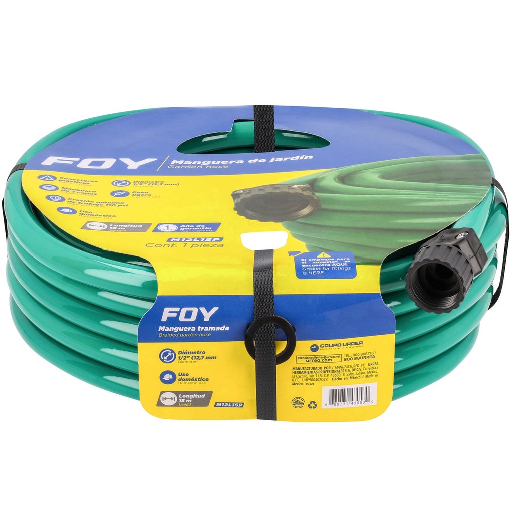 Manguera para jardín lisa con conector plástico 2 capas 1/2", 15 m Foy