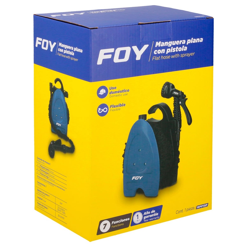 Manguera para jardín plana con pistola para riego y portamanguera 3/4", 15 m Foy