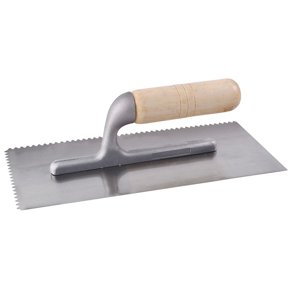 Llana dentada triangular de acero al alto carbón con mango de madera 6 remaches,  11"X5" Surtek