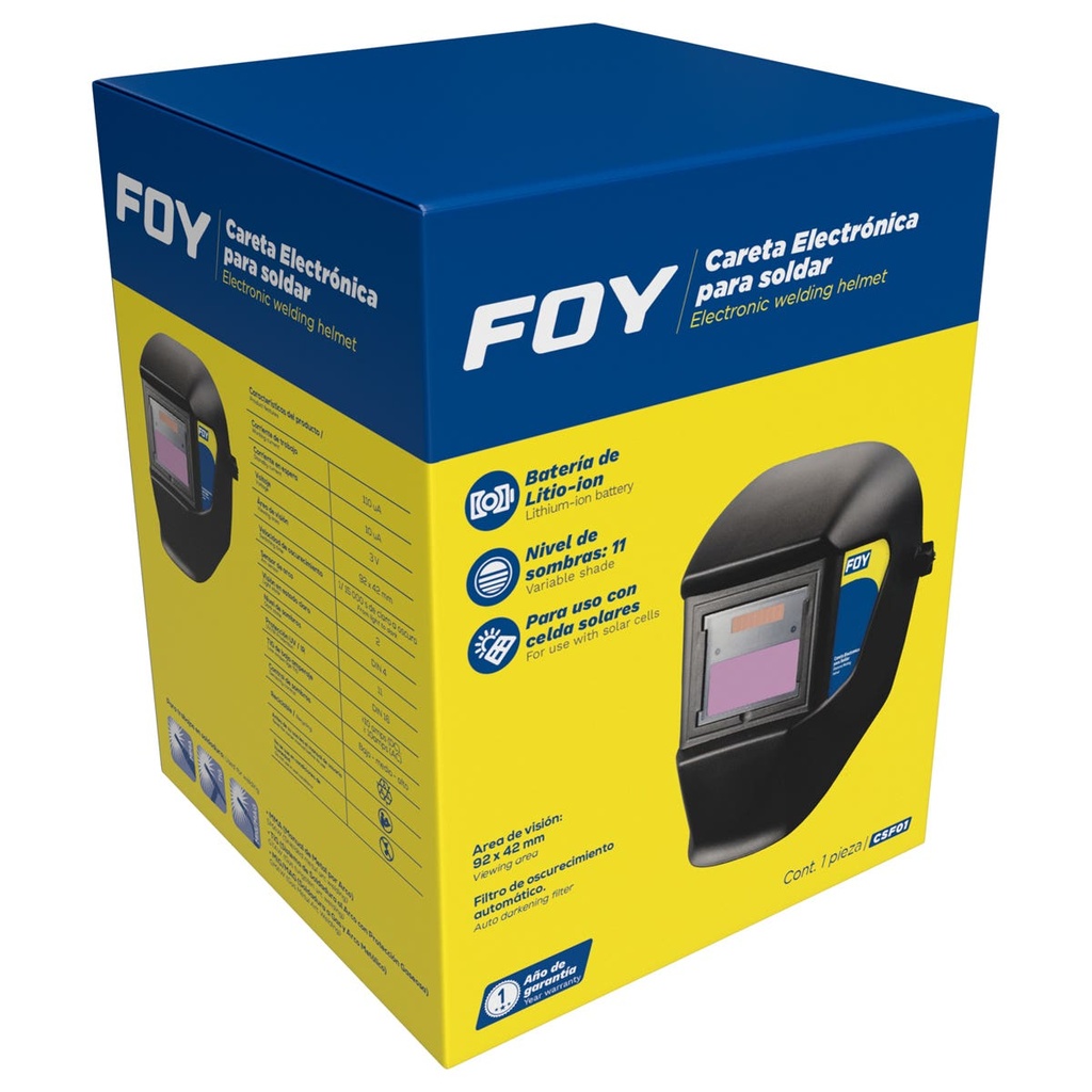 Careta electrónica para soldar, visión 92 x 42, encendido y apagado autom Foy