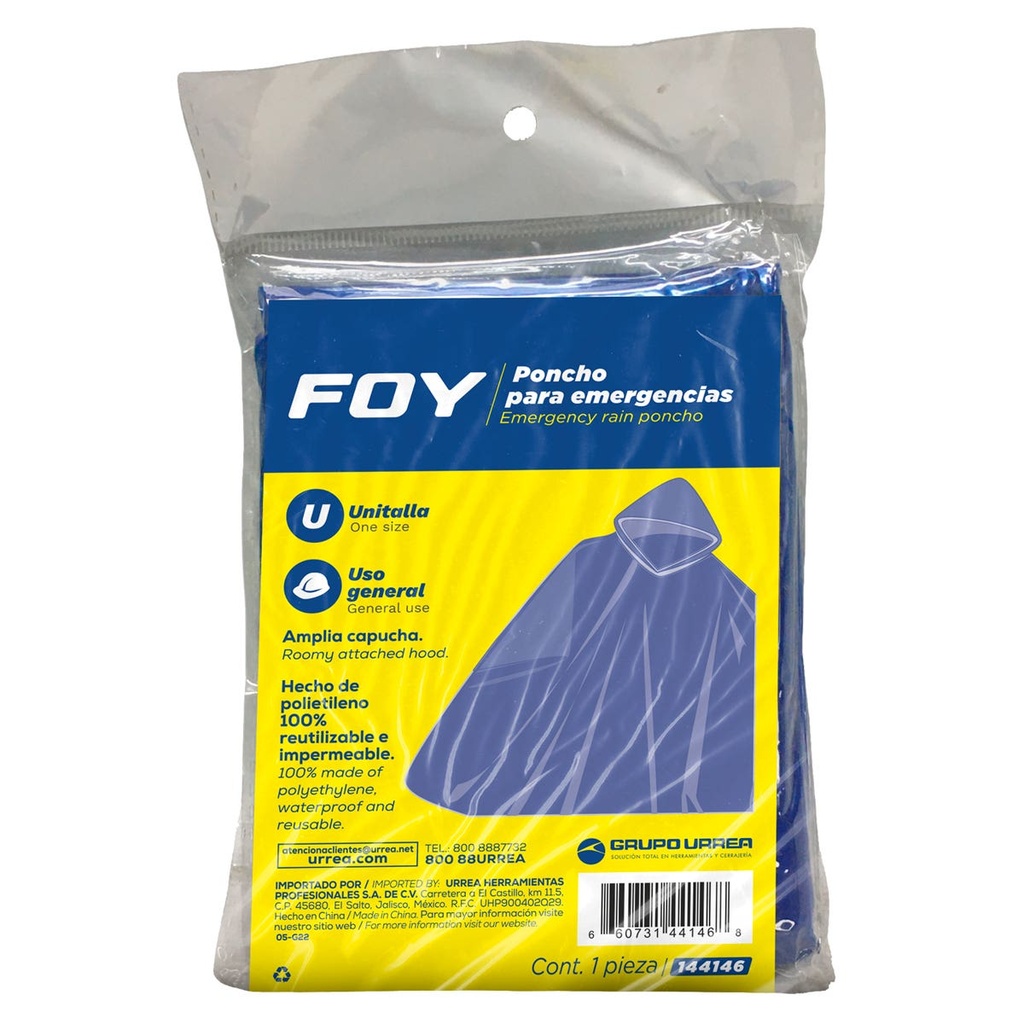 Poncho impermeable para emergencias unitalla Foy