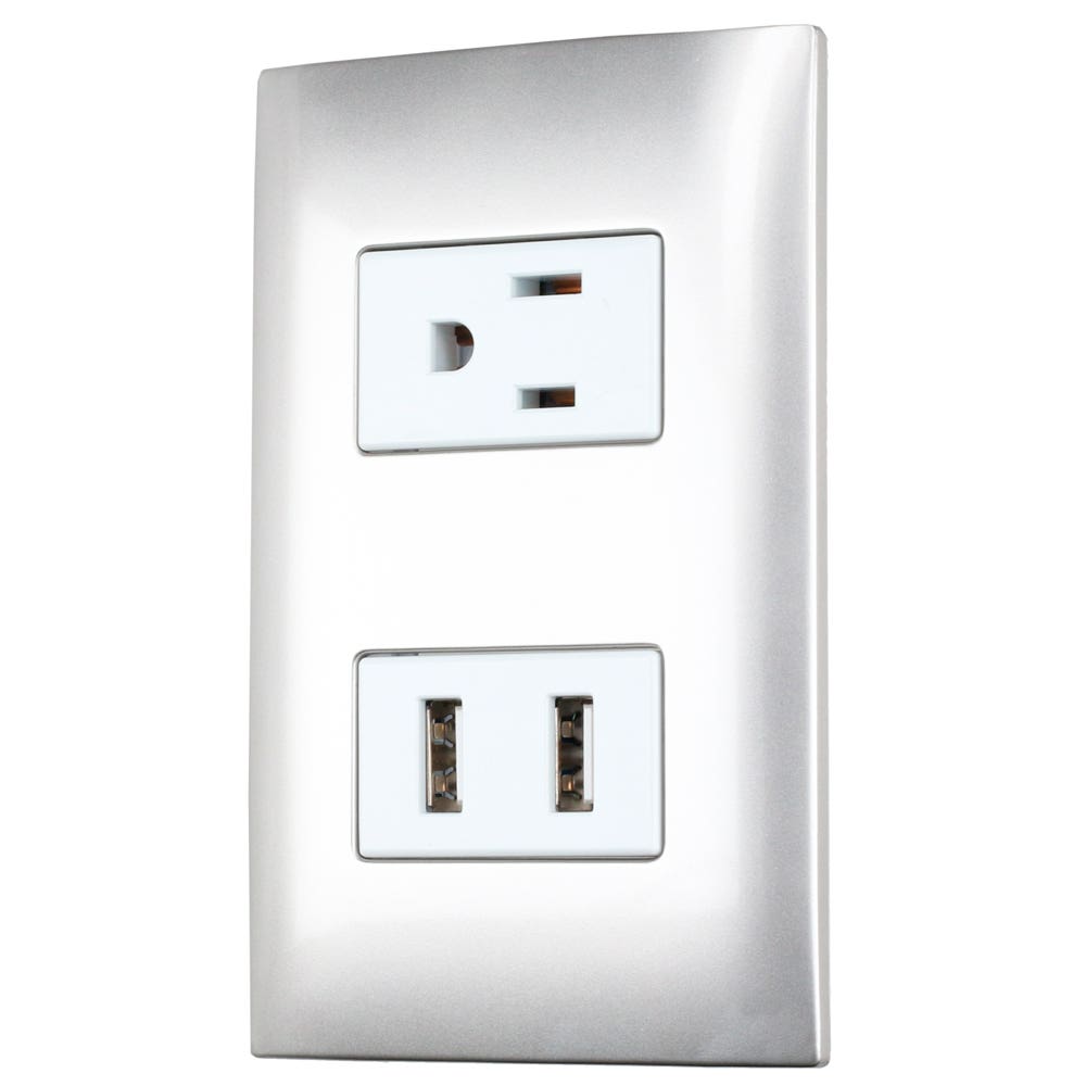 Placa 1 contacto 1 USB doble 1/3, línea Americana, color plata Surtek