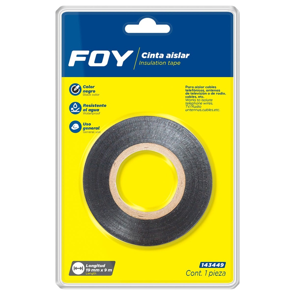 Cinta para aislar negra 19 mm x 9 m en blíster Foy