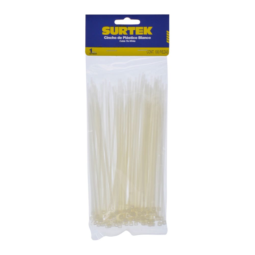 Cinchos plásticos 165 x 2.5 mm, tensión 8 kg de 100 piezas, color natural Surtek
