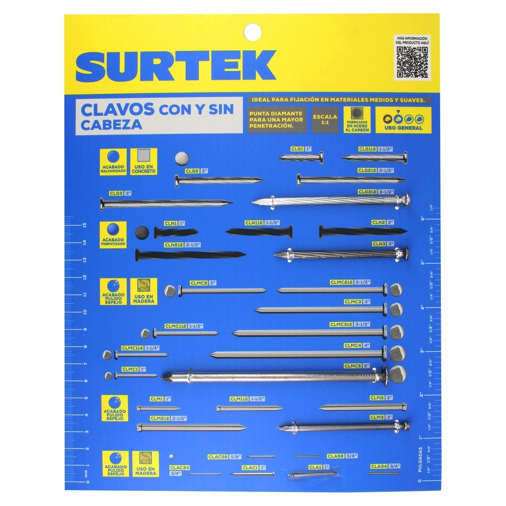 Muestrario de clavos para madera o concreto 28 x 22 x 0.5 cm Surtek