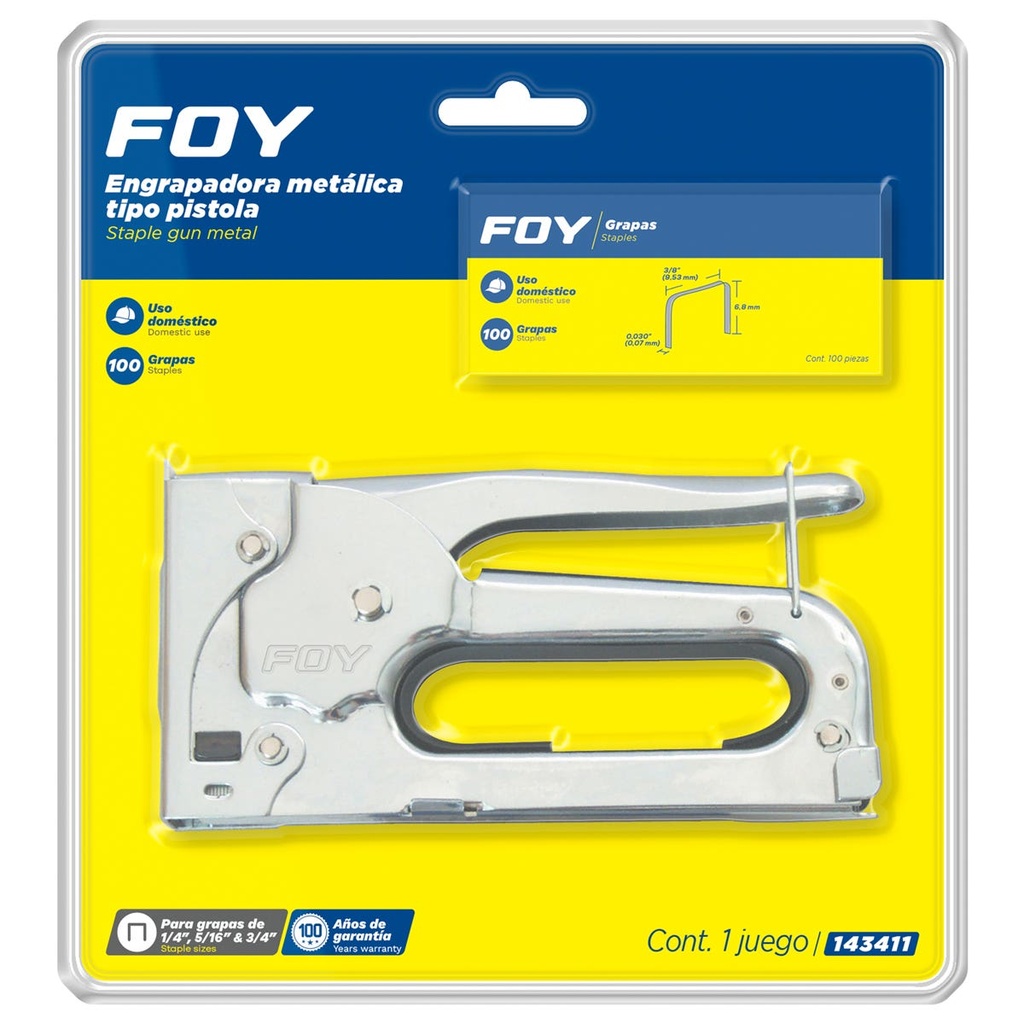 Engrapadora metálica tipo pistola para grapas de 1/4" a 3/8" Foy