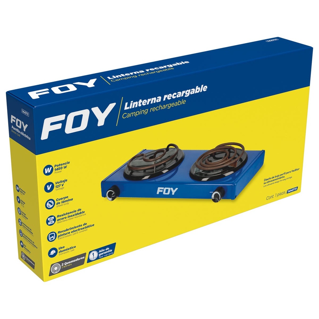 Parrilla eléctrica 2 quemadores de lámina con asa Foy