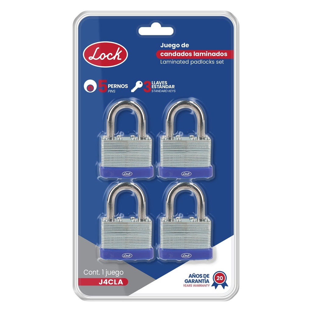 Juego de candados laminados 40 mm, llave estándar, 4 piezas Lock