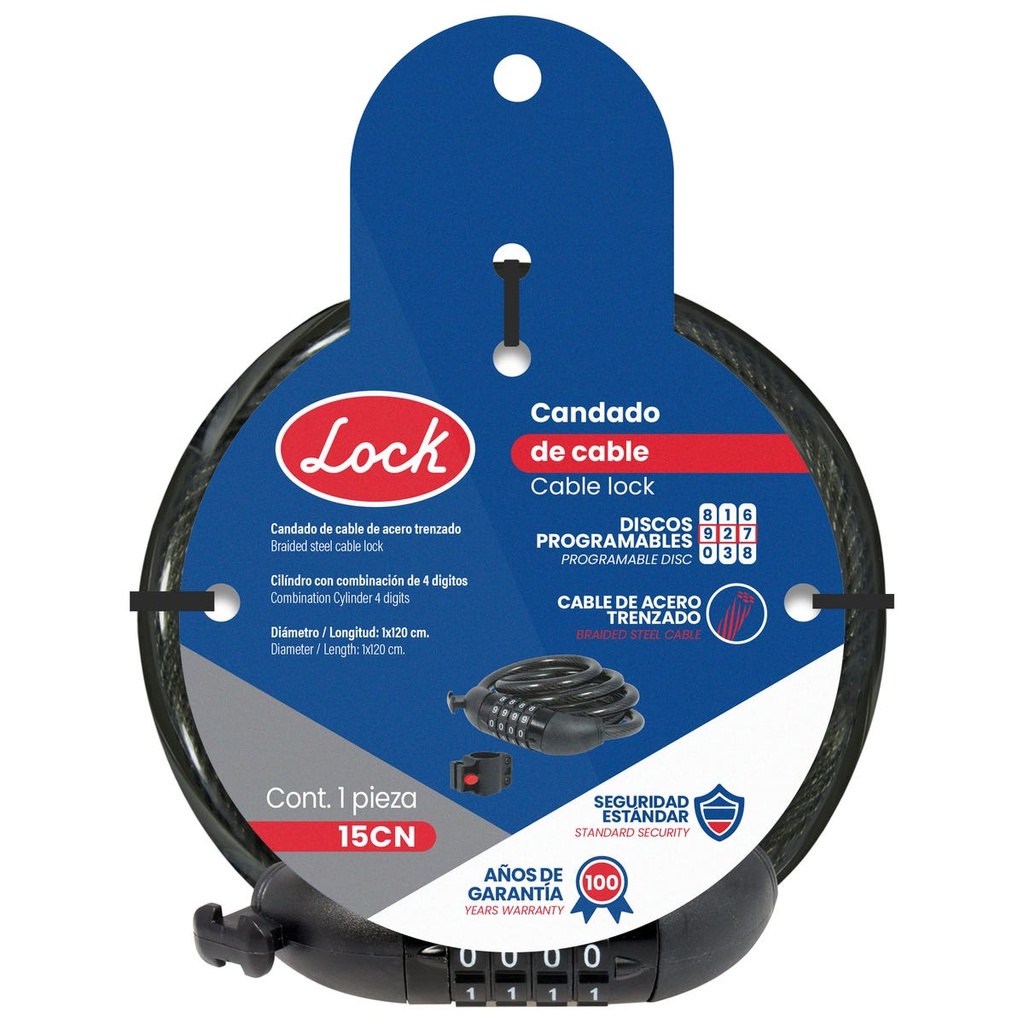 Candado de cable de combinación 8 mm x 1.2 m Lock