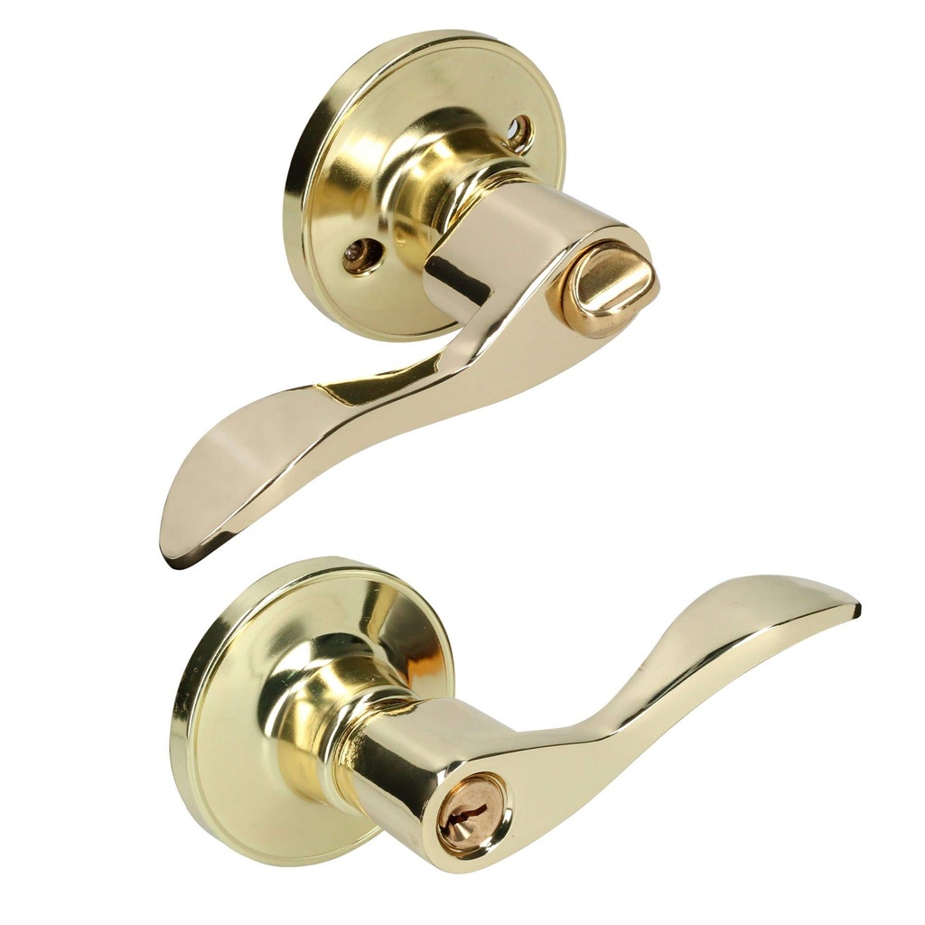 Manija tubular curva función entrada y recámara, latón brillante, llave estándar, blíster Lock