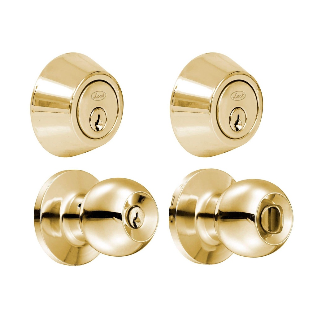 Combo de pomo tubulares de bola función doble, latón brillante, llave estándar, blíster Lock