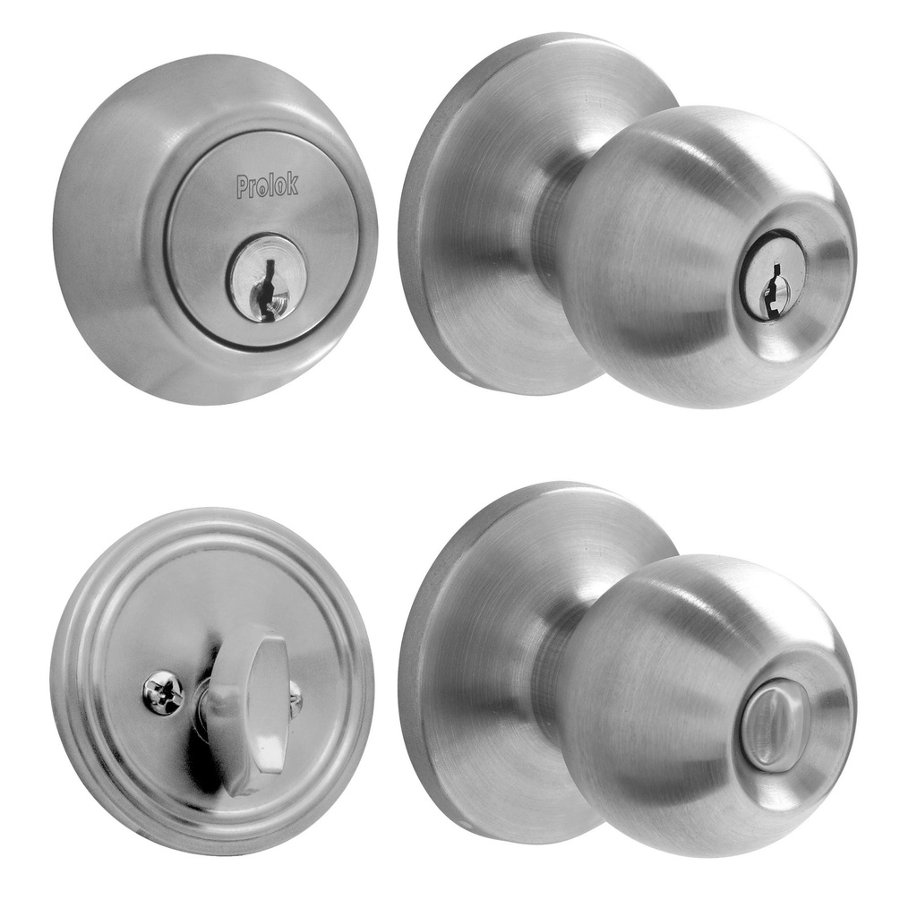 Combo de pomo cilindrico bola función sencilla, acero inoxidable, llave estándar, blíster Prolok