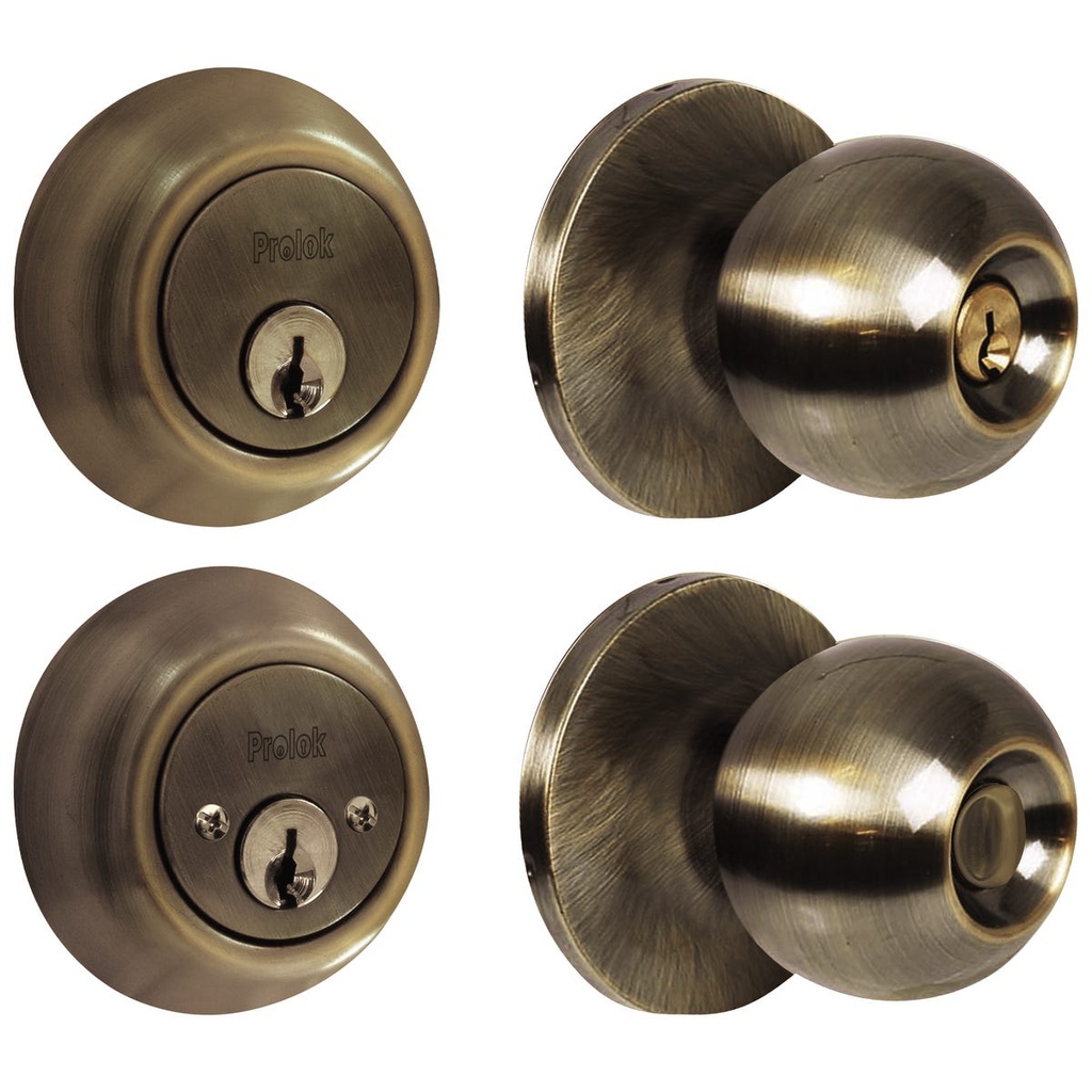 Combo de pomo tubular bola función doble, latón antiguo, llave estándar, blíster Prolok