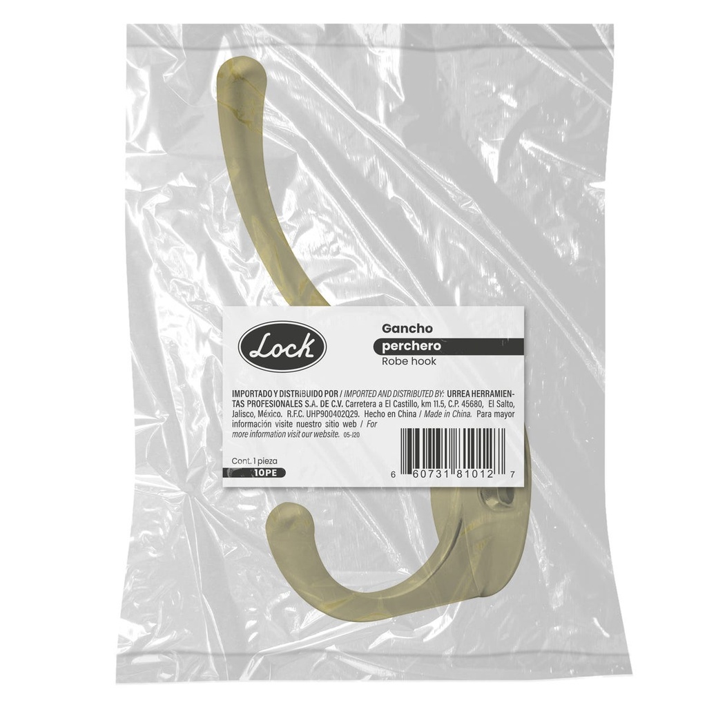 Gancho perchero sombrero y abrigo, latón brillante Lock