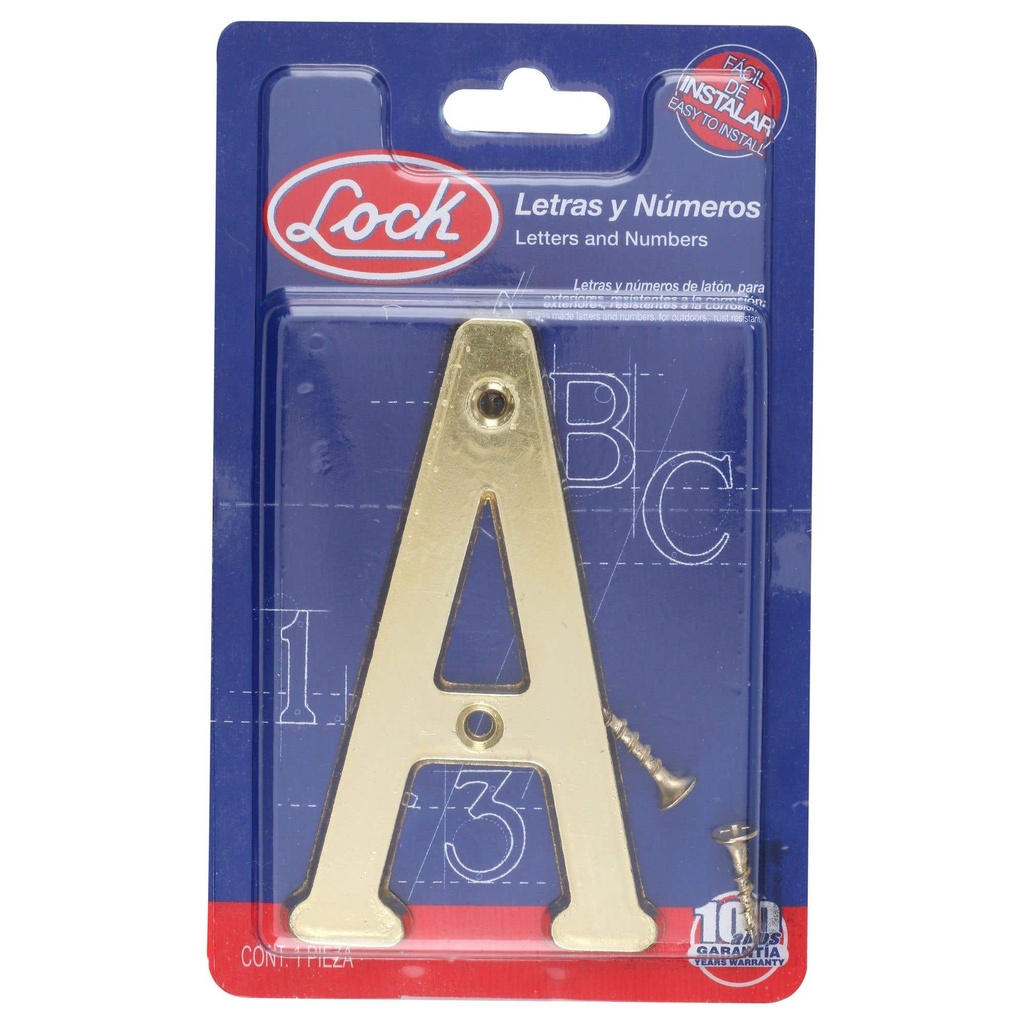 Letra A slim 4" latón brillante Lock