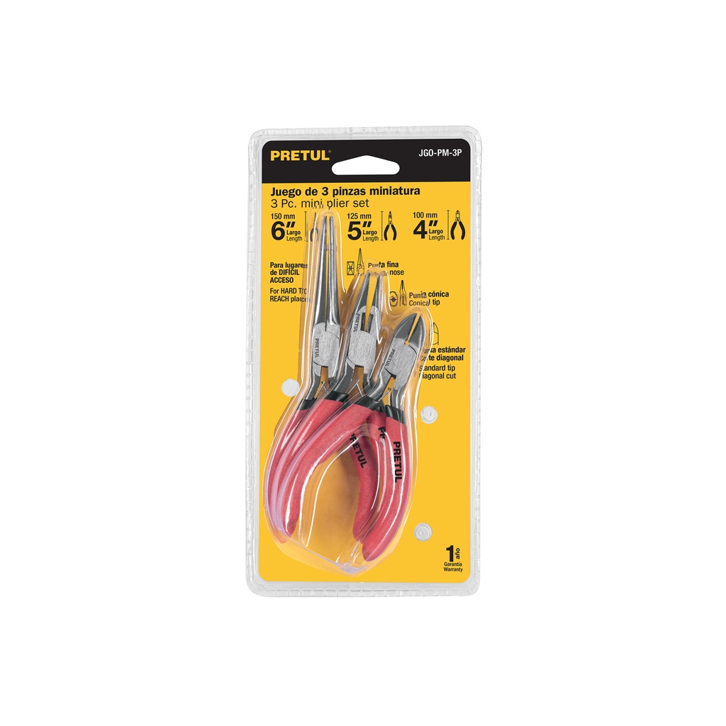 [JGO-PM-3P] Juego de 3 mini pinzas, mangos de PVC, PRETUL