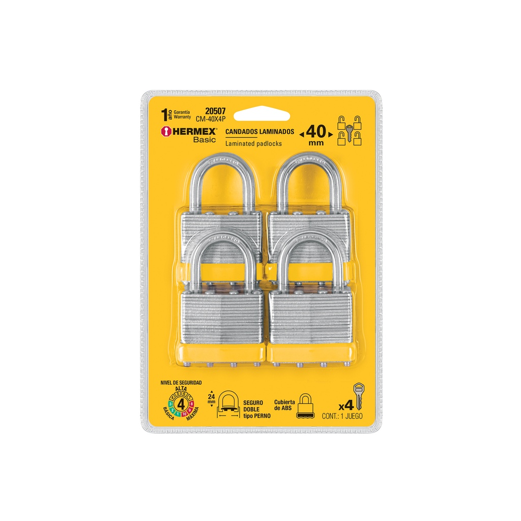 [CM-40X4P] Juego de 4 candados cuerpo laminado, 40 mm, HERMEX BASIC