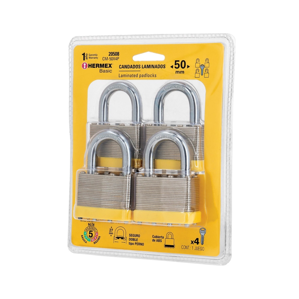 [CM-50X4P] Juego de 4 candados cuerpo laminado, 50 mm, HERMEX BASIC