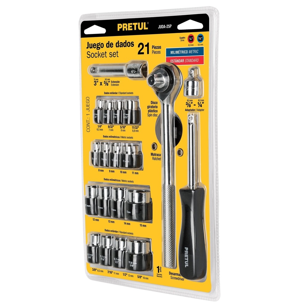 [JUDA-25P] Juego de 21 herramientas 1/4" y 3/8" para mecánico, Pretul