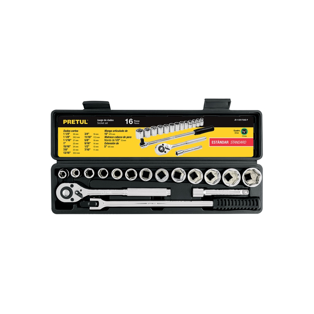 [JD-1/2X17SAE-P] Juego de 16 herramientas 1/2" std para mecánico, Pretul