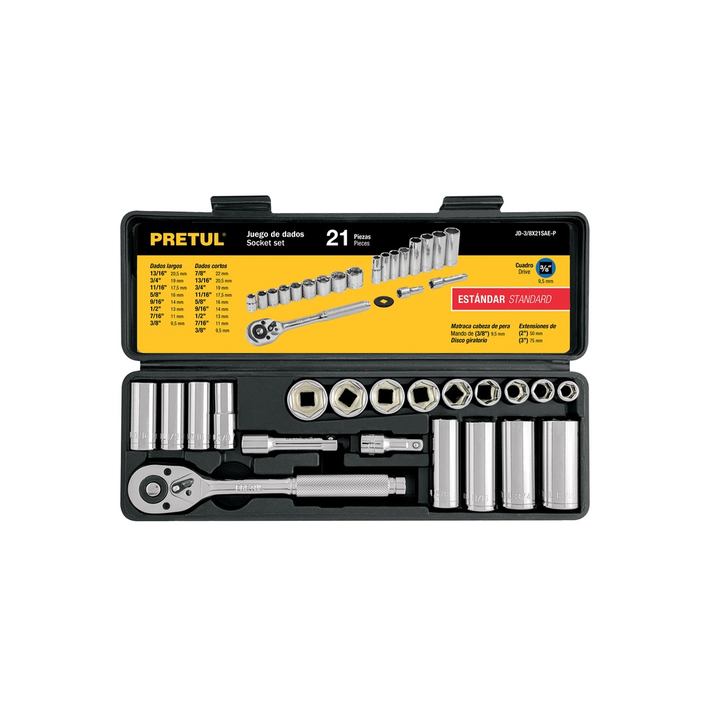 [JD-3/8X21SAE-P] Juego de 21 herramientas 3/8" std para mecánico, Pretul