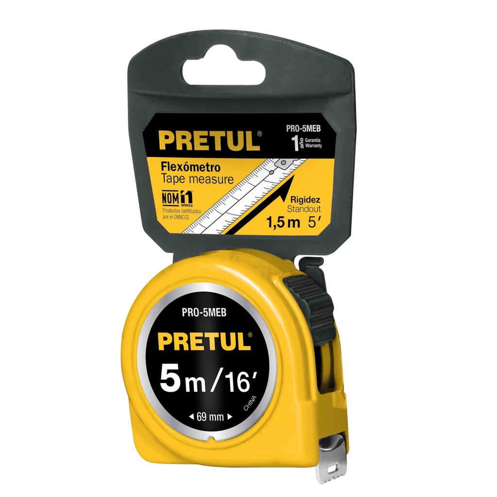 [PRO-5MEB] Flexómetro amarillo 5 m cinta 19 mm, en tarjeta, PRETUL