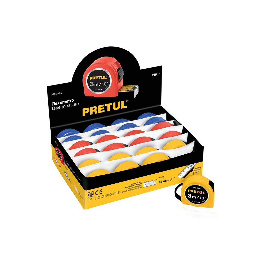 Flexómetro 3 m cinta 13 mm, display box con 24 pzas, Pretul