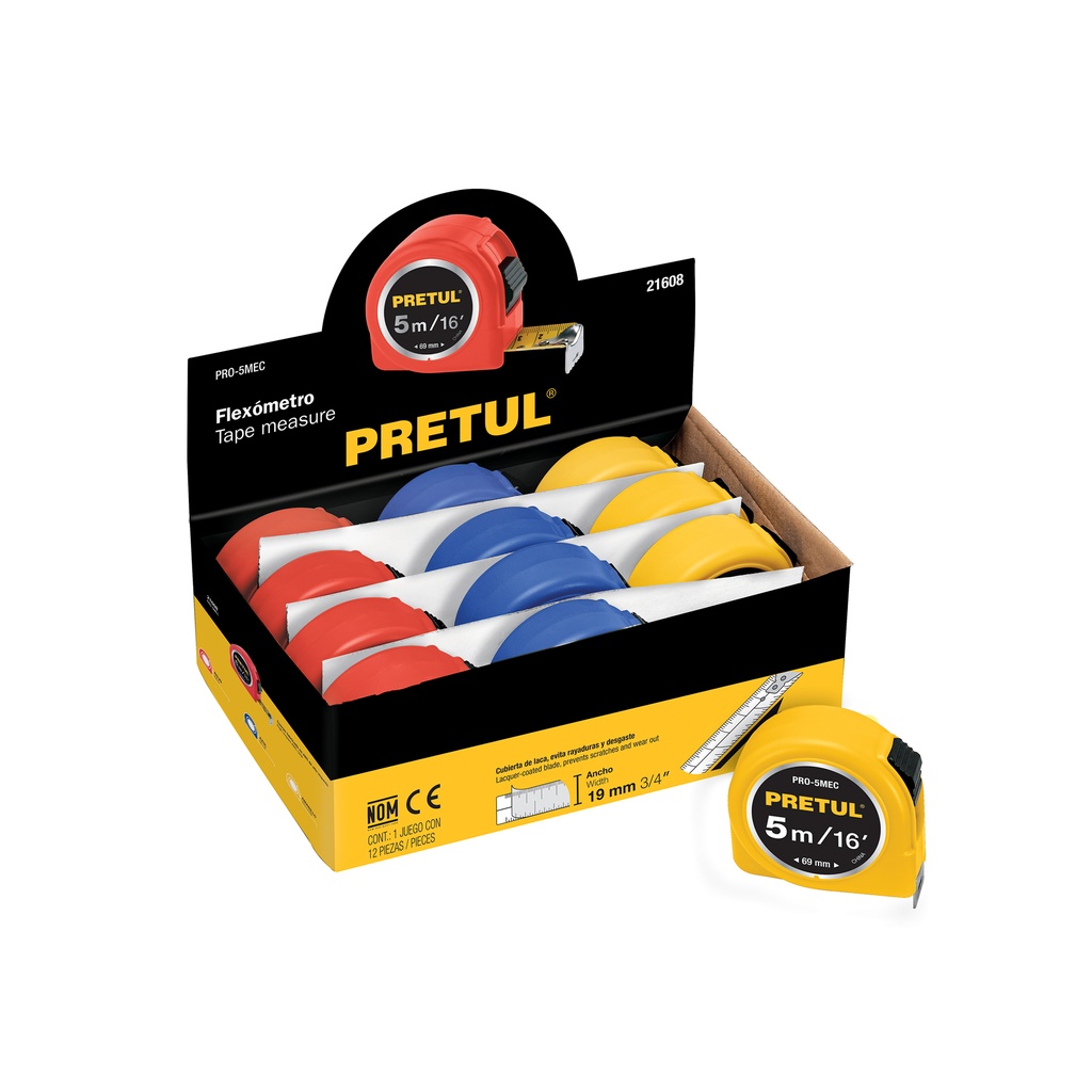[PRO-5MEC] Flexómetro 5 m cinta 19 mm, display box con 12 pzas, Pretul