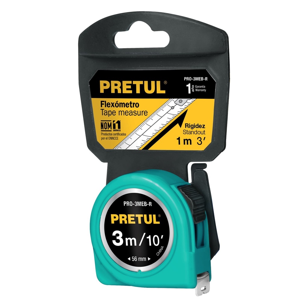 Flexómetro rojo 3 m cinta 13 mm, en tarjeta, PRETUL