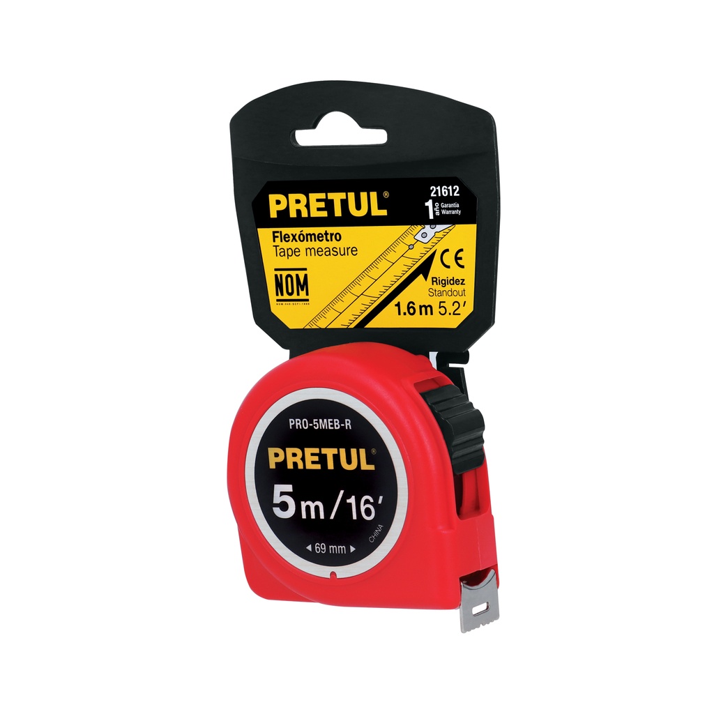 [PRO-5MEB-R] Flexómetro rojo 5 m cinta 19 mm, en tarjeta, PRETUL