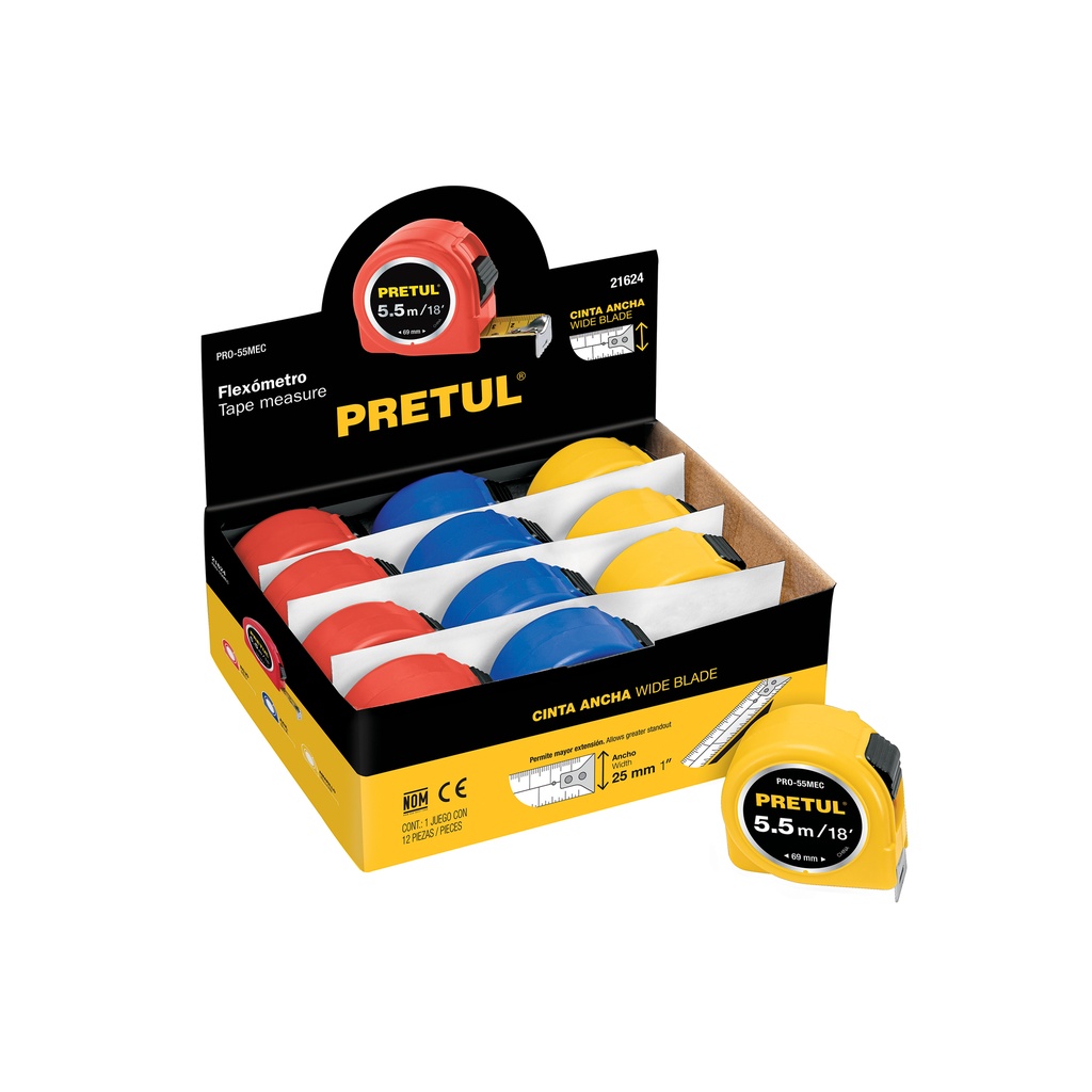 Flexómetro 5.5 m cinta 25 mm, display box con 12 pzas,PRETUL