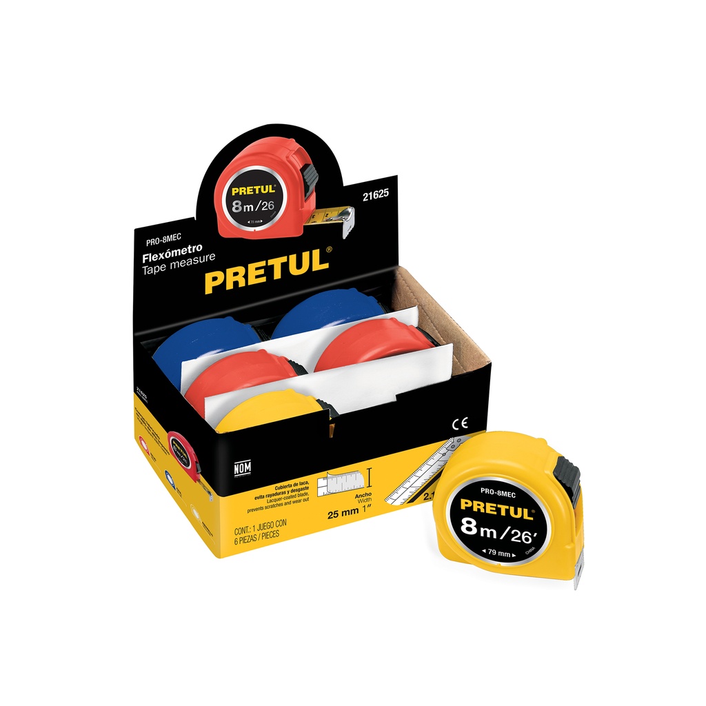 [PRO-8MEC] Flexómetro 8 m cinta 25 mm, en display box, PRETUL