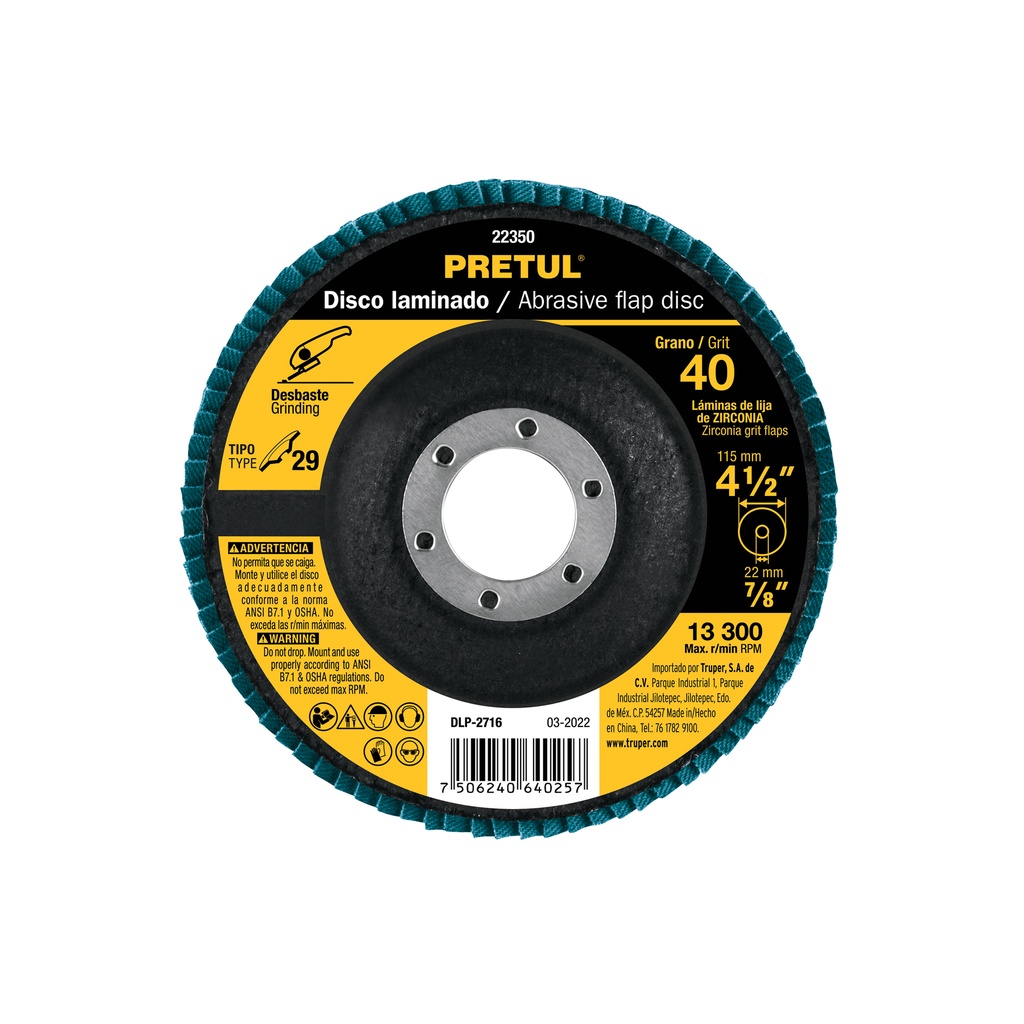 [DLP-2716] Disco laminado 4-1/2', grano 40 centro 7/8', fibra, PRETUL