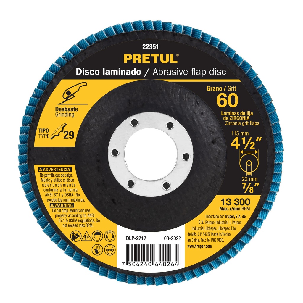 Disco laminado 4-1/2", grano 60 centro 7/8", fibra, PRETUL