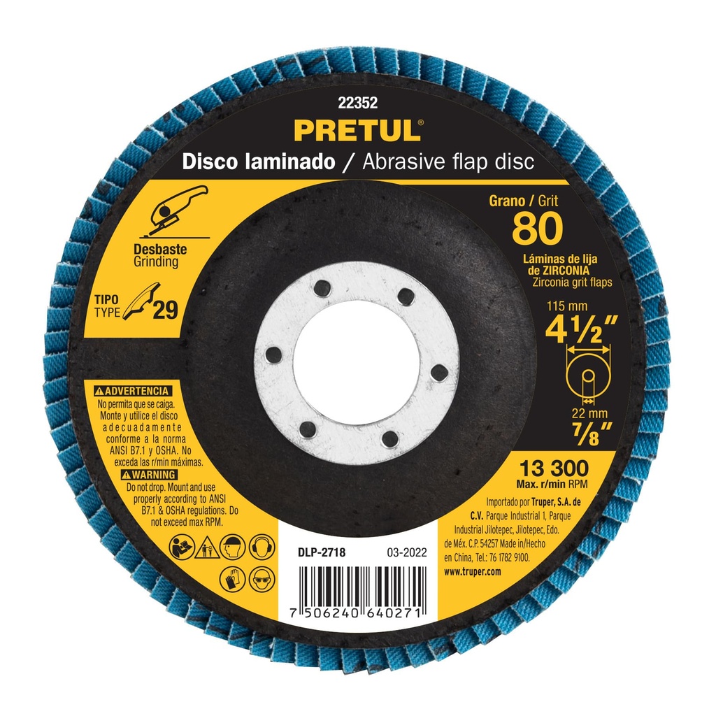 Disco laminado 4-1/2", grano 80 centro 7/8", fibra, PRETUL