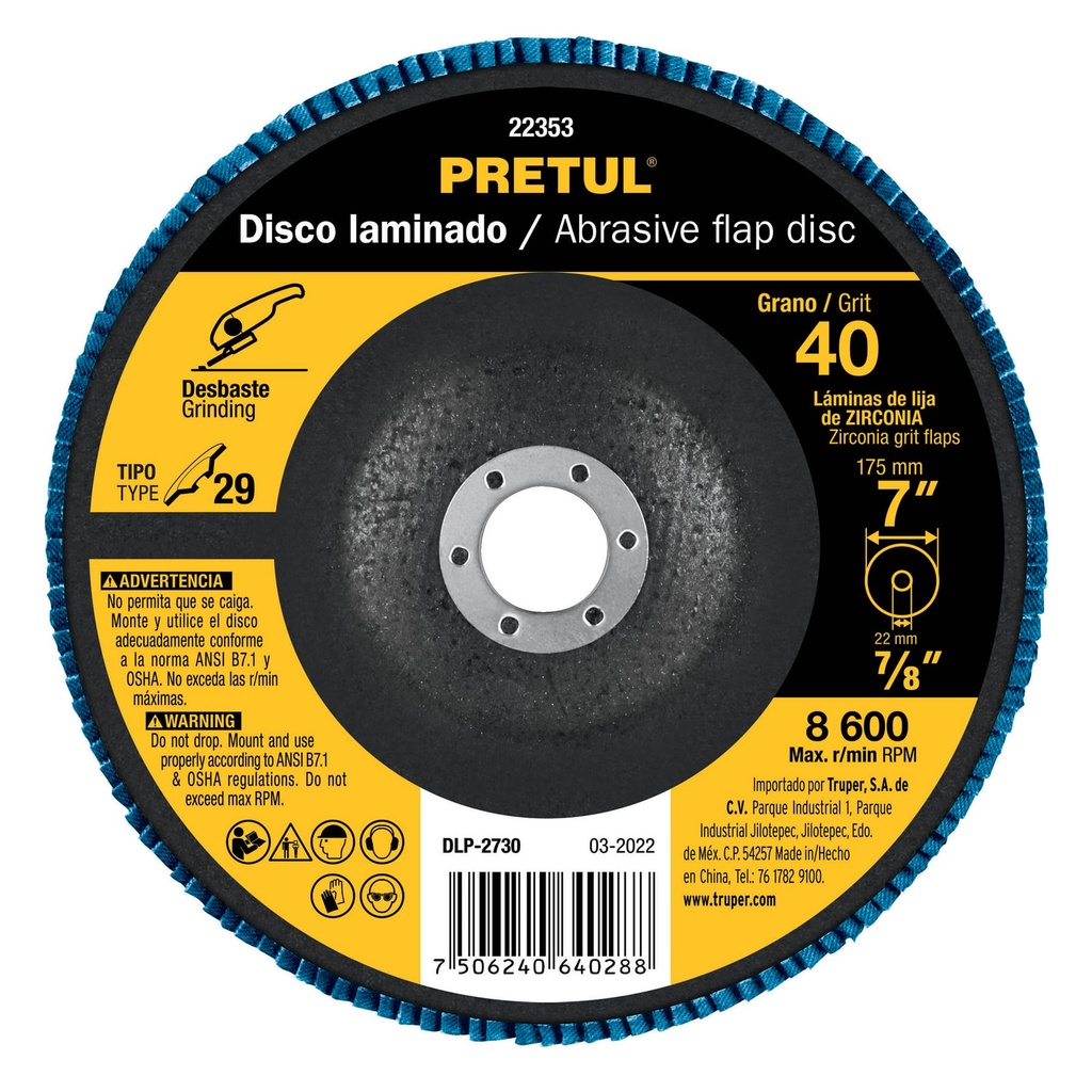[DLP-2730] Disco laminado 7", grano 40 centro 7/8", fibra, PRETUL