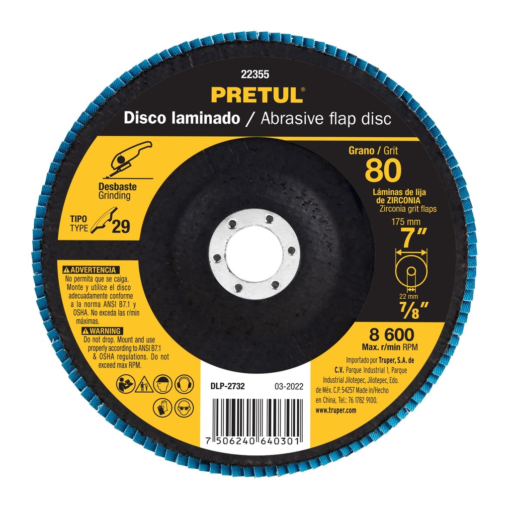 [DLP-2732] Disco laminado 7', grano 80 centro 7/8', fibra, PRETUL