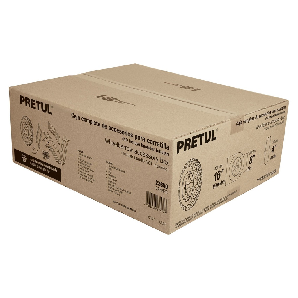 Caja c/llanta neumática y acc. p/carretilla roja PRETUL