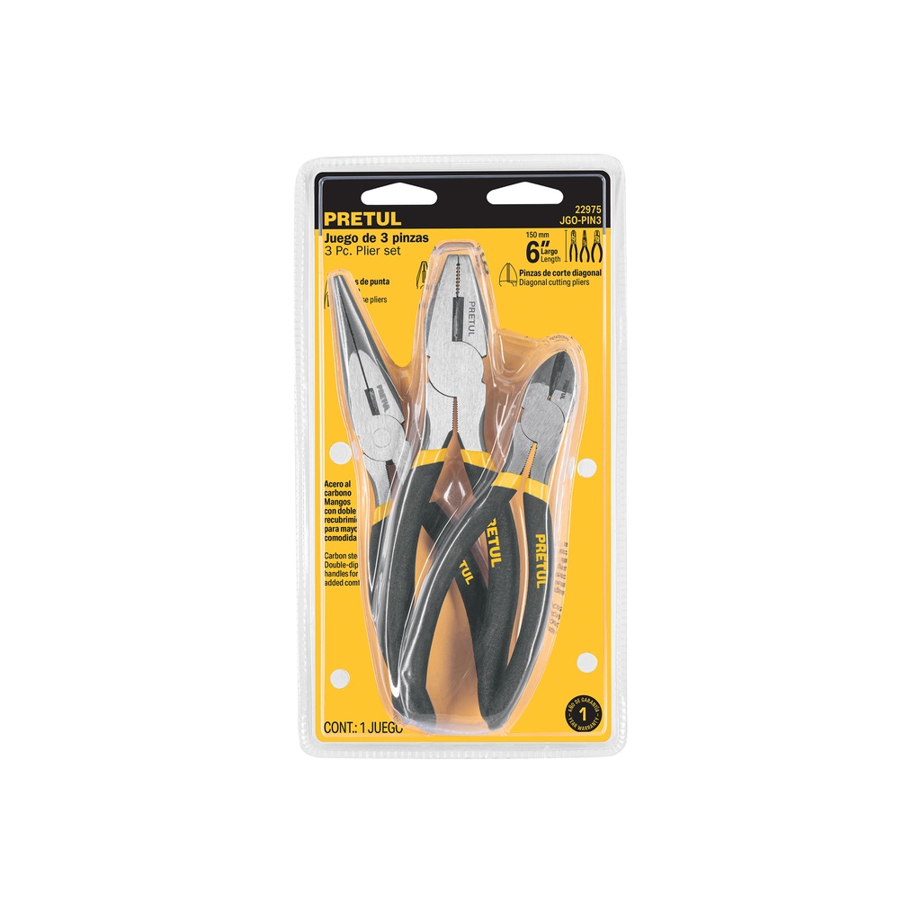 [JGO-PIN3] Juego de 3 pinzas de 6", mangos de PVC, Pretul