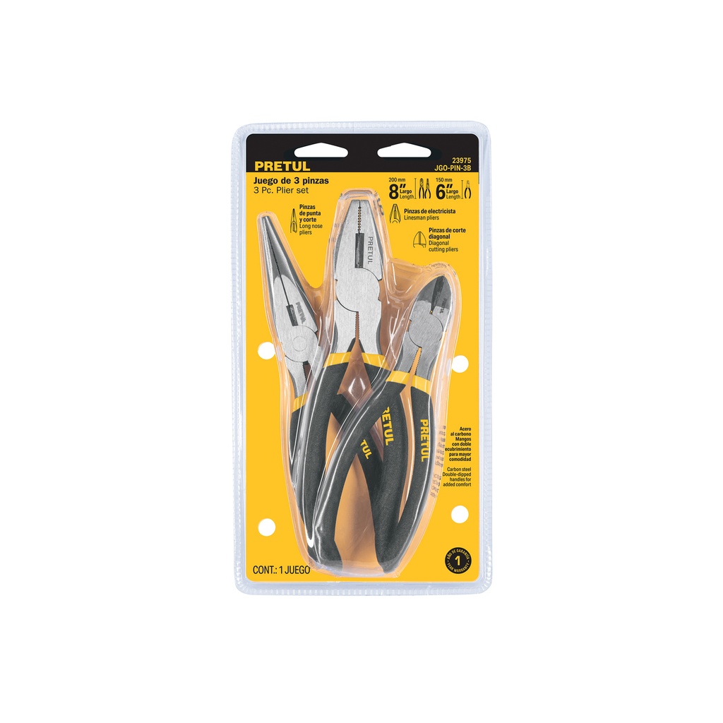 [JGO-PIN-3B] Juego de 3 pinzas, 2 de 6' y 1 de 8', mangos de PVC, PRETUL