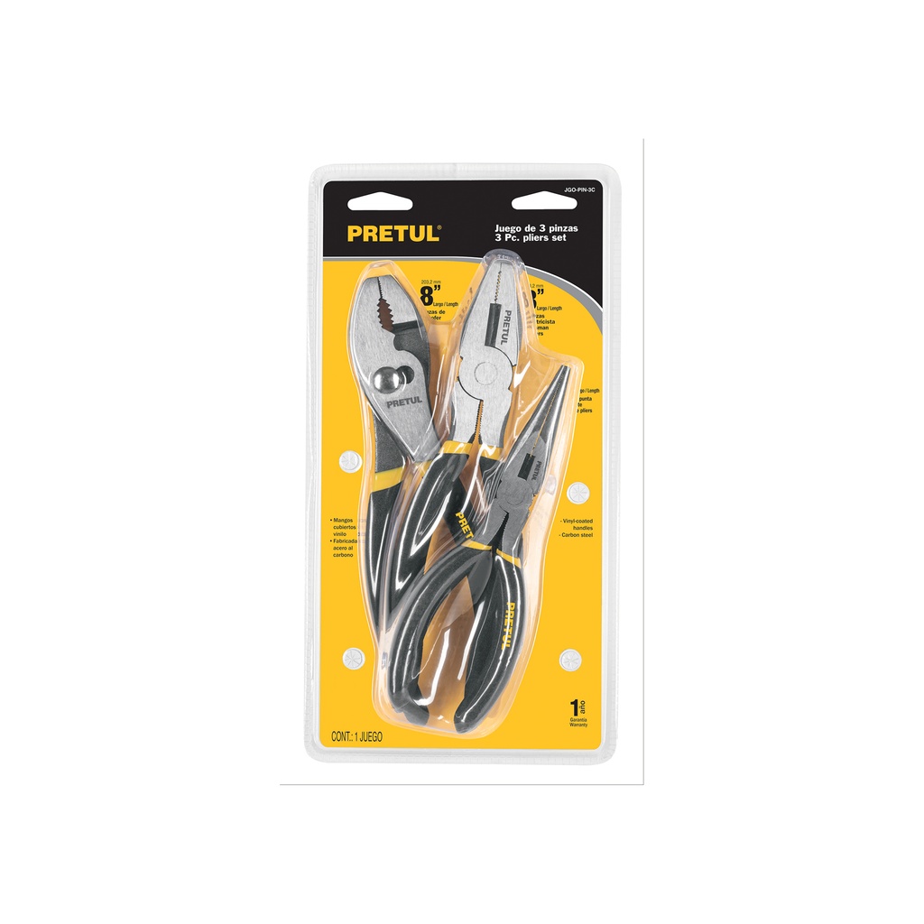 [JGO-PIN-3C] Juego de 3 pinzas, mangos de PVC, PRETUL