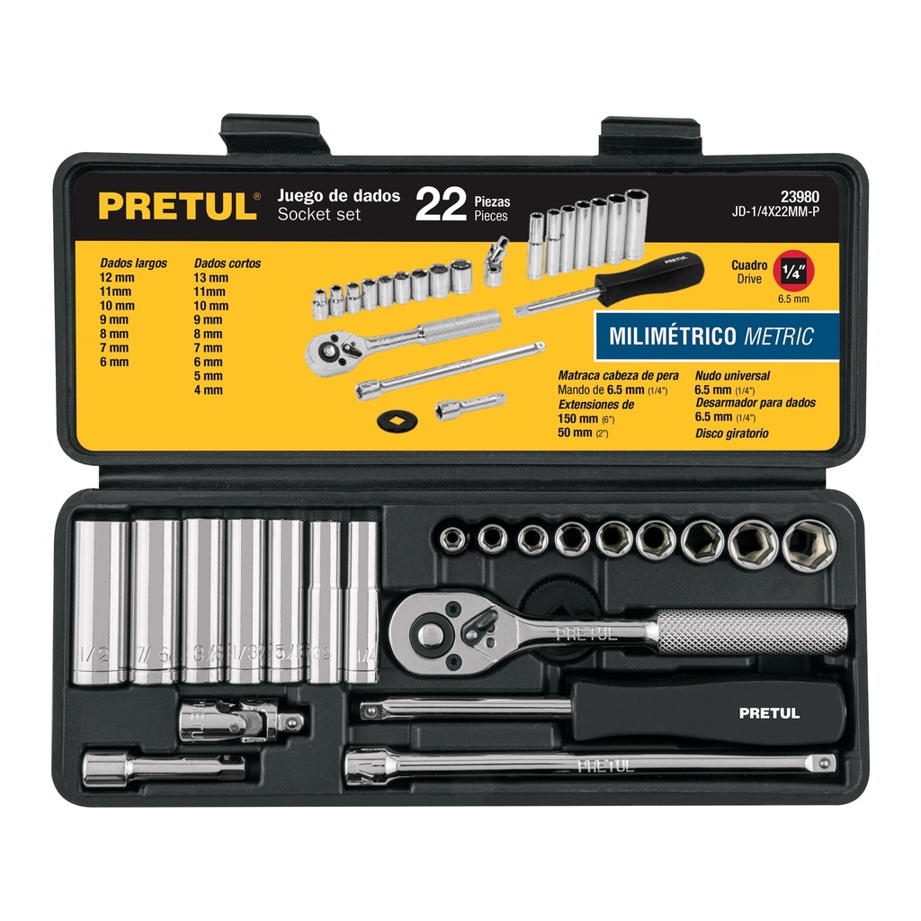 [JD-1/4X22MM-P] Juego de 22 herramientas 1/4' mm para mecánico, PRETUL