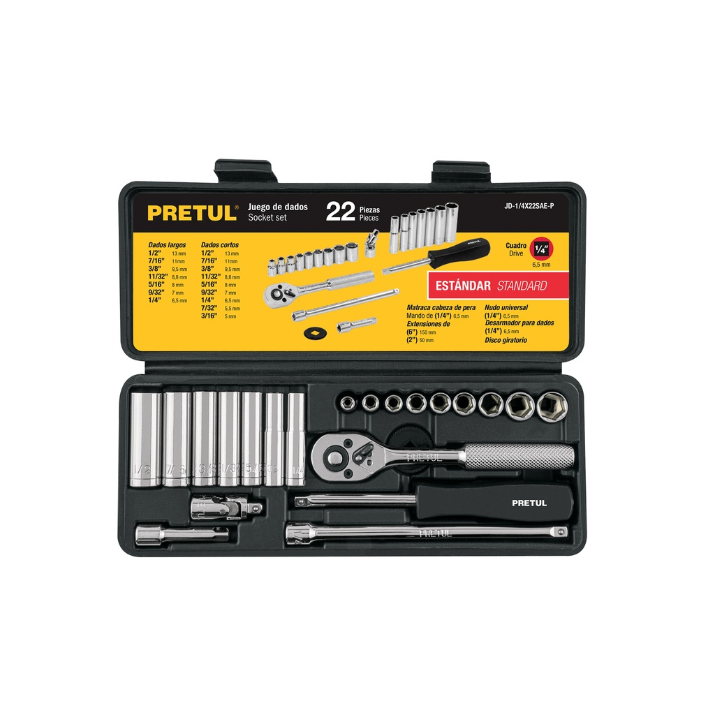 [JD-1/4X22SAE-P] Juego de 22 herramientas 1/4' std para mecánico, PRETUL