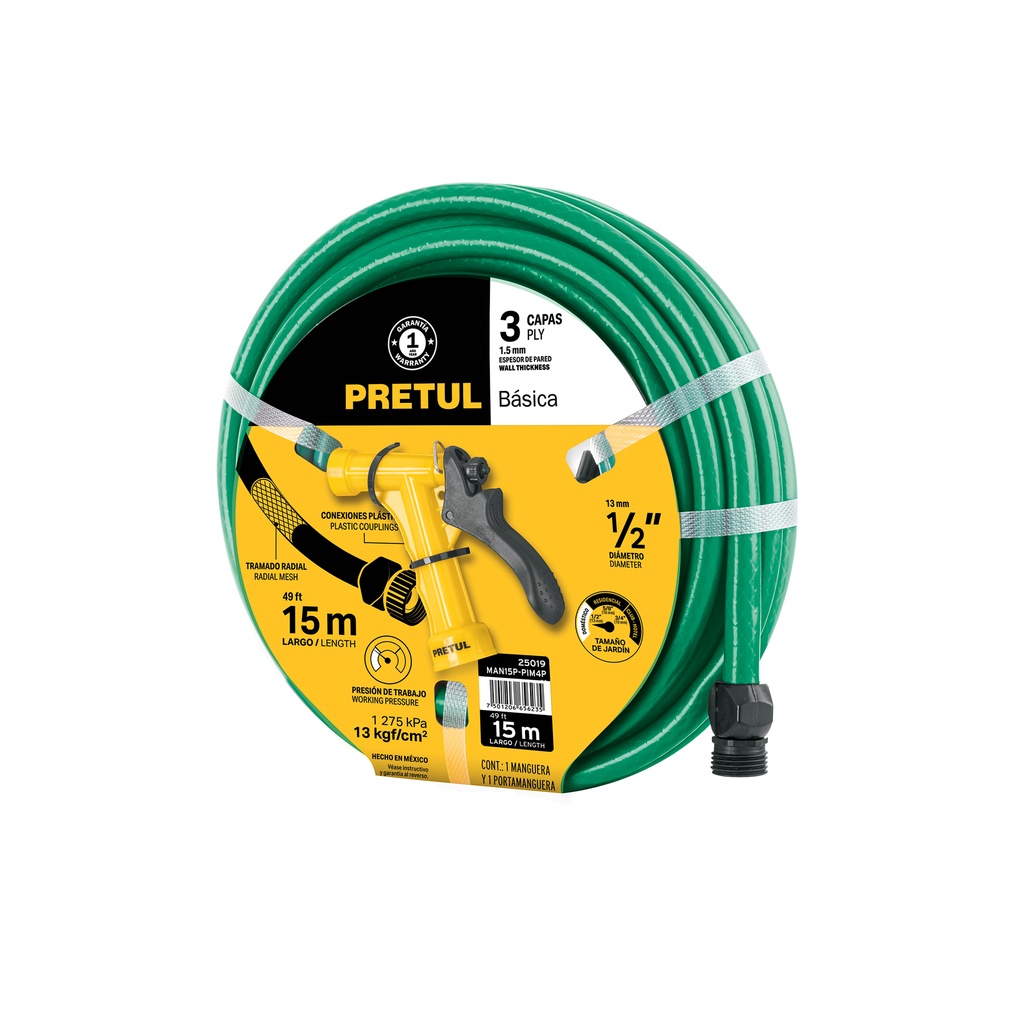 [MAN15P-PIM4P] Combo manguera MAN-15X1/2P y pistola de riego PIM-4P, PRETUL