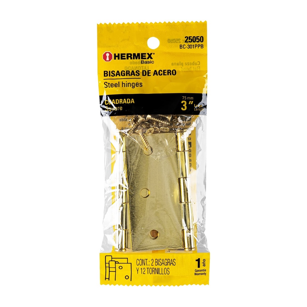 Bolsa c/2 bisagras cuadradas 3", latonado, HERMEX BASIC