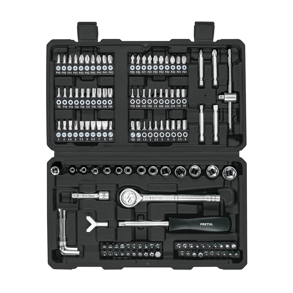 [SET-130] Juego de 130 herramientas 1/4' para mecánico, PRETUL