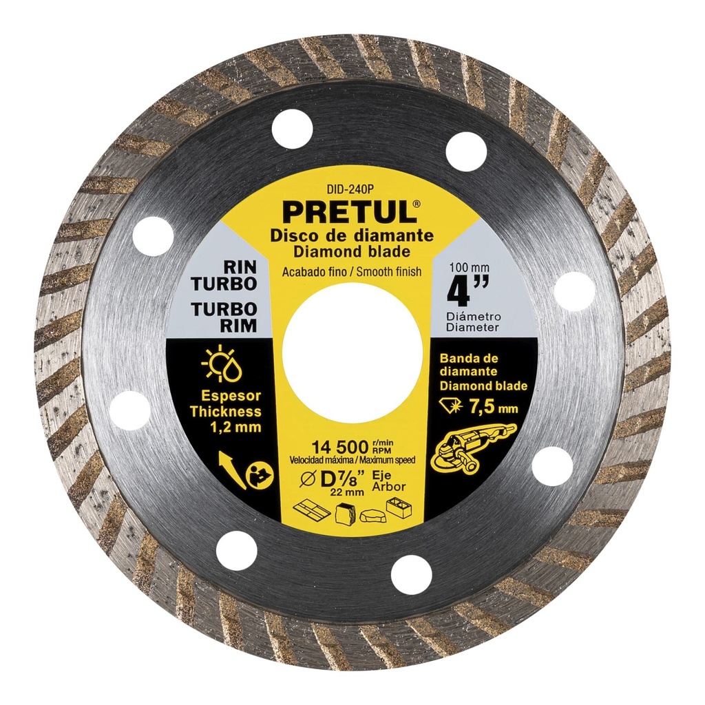 Disco de diamante de 4" x 1.2 mm, rin turbo, PRETUL